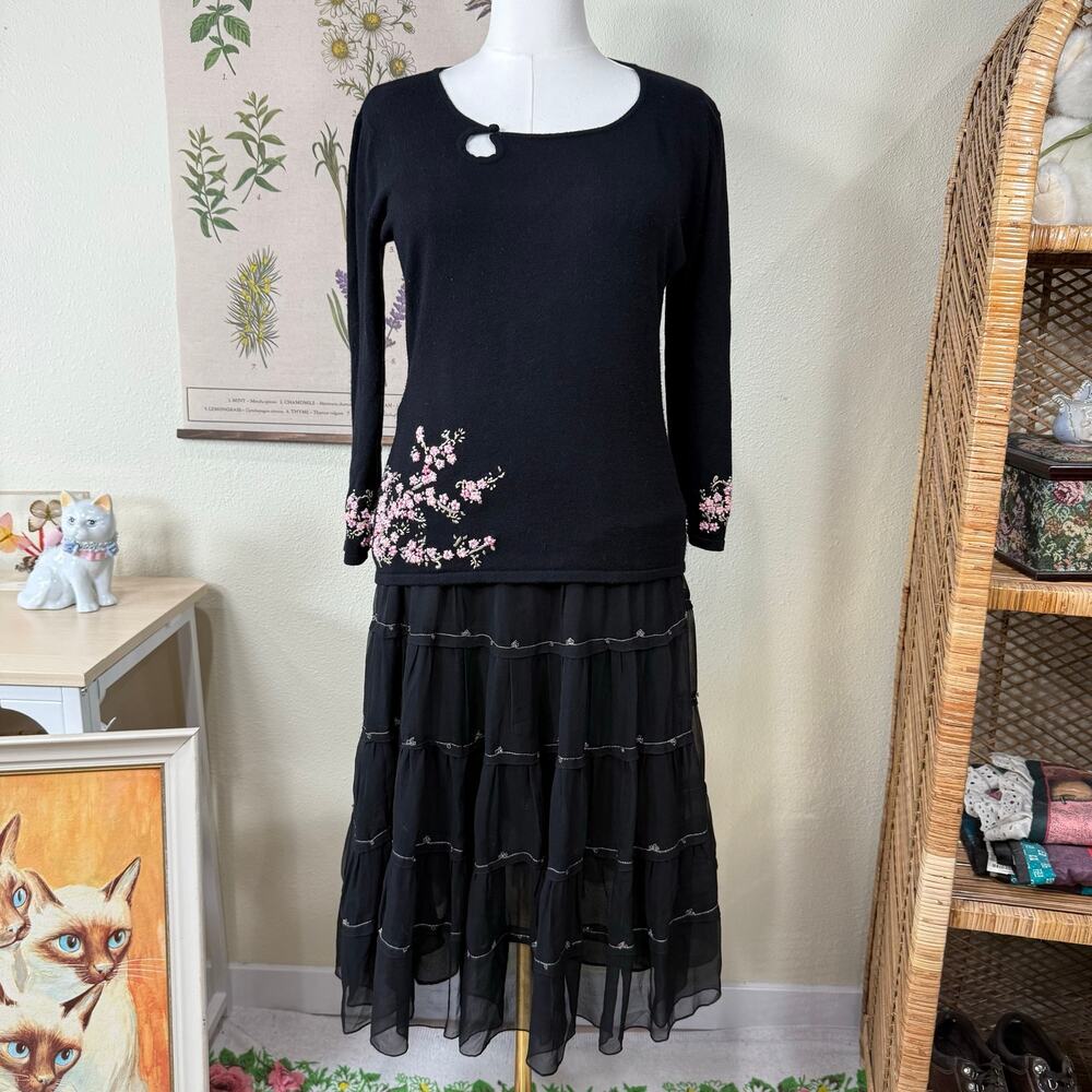 Y2k Embroidered 3D Floral Sweater Whimsigoth Dark Coquette Romantic Fairy M L